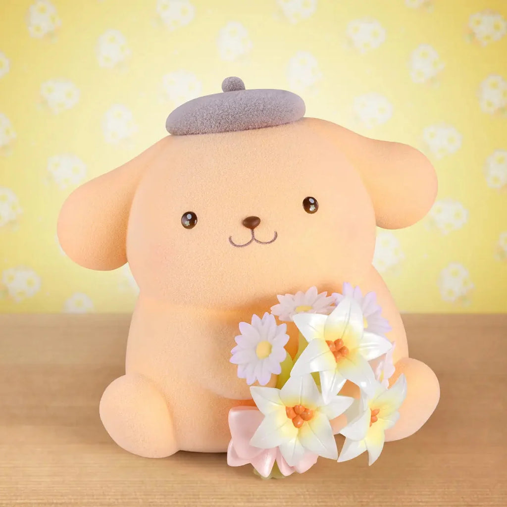 Figurine de collection Bouquet translucide Pompompurin, texture floquée, couleurs pastel