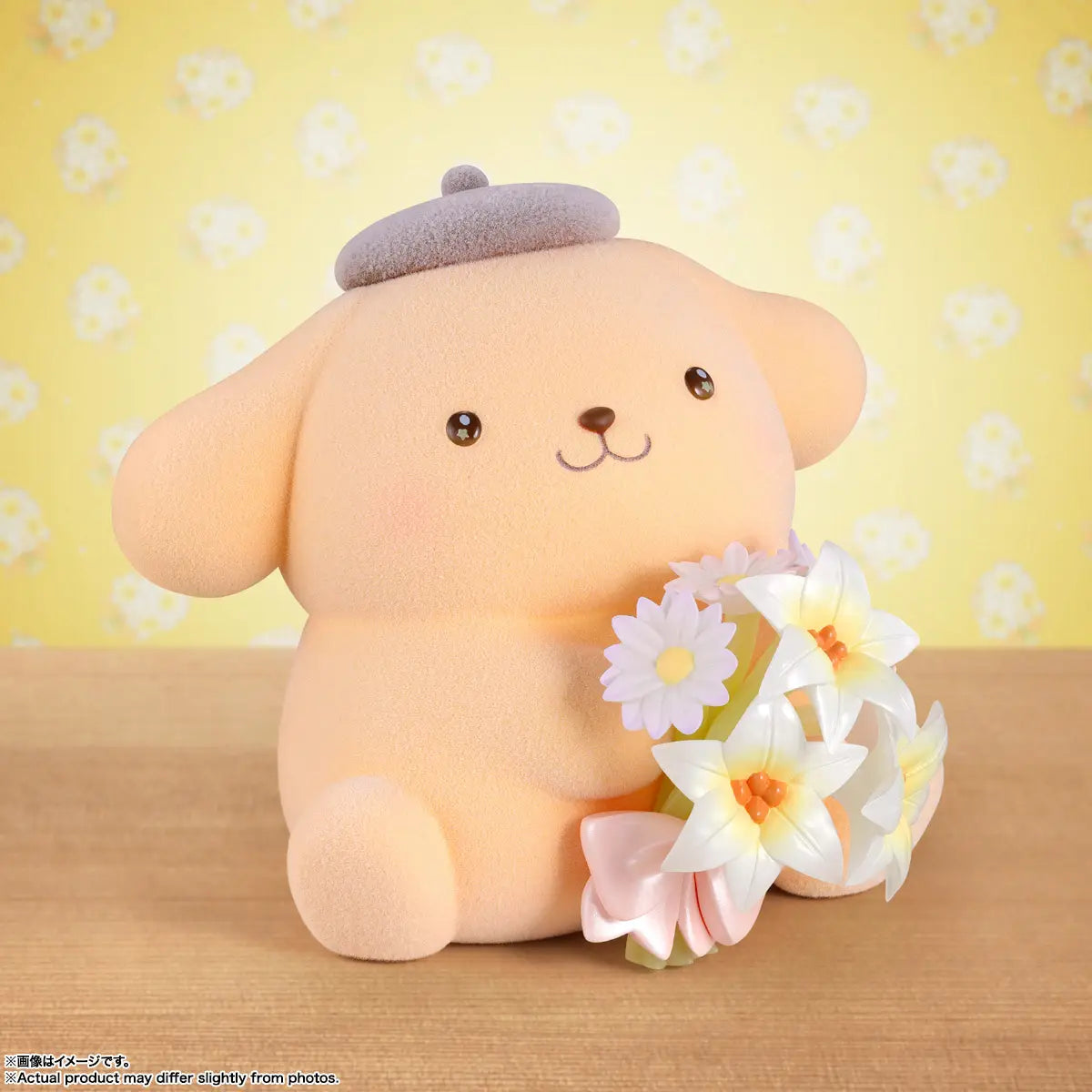 Figurine de collection Bouquet translucide Pompompurin, texture floquée, couleurs pastel